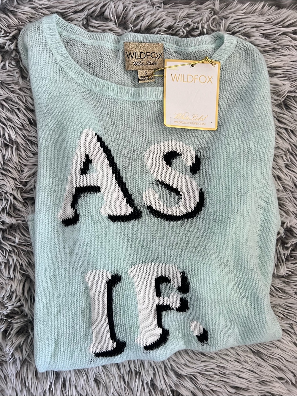 Wildfox Light Mint 'AS IF' Crew Neck Sweater with White & Black Lettering